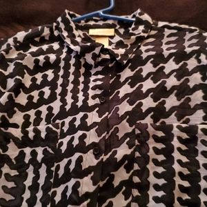 Sheer black and white print button down shirt